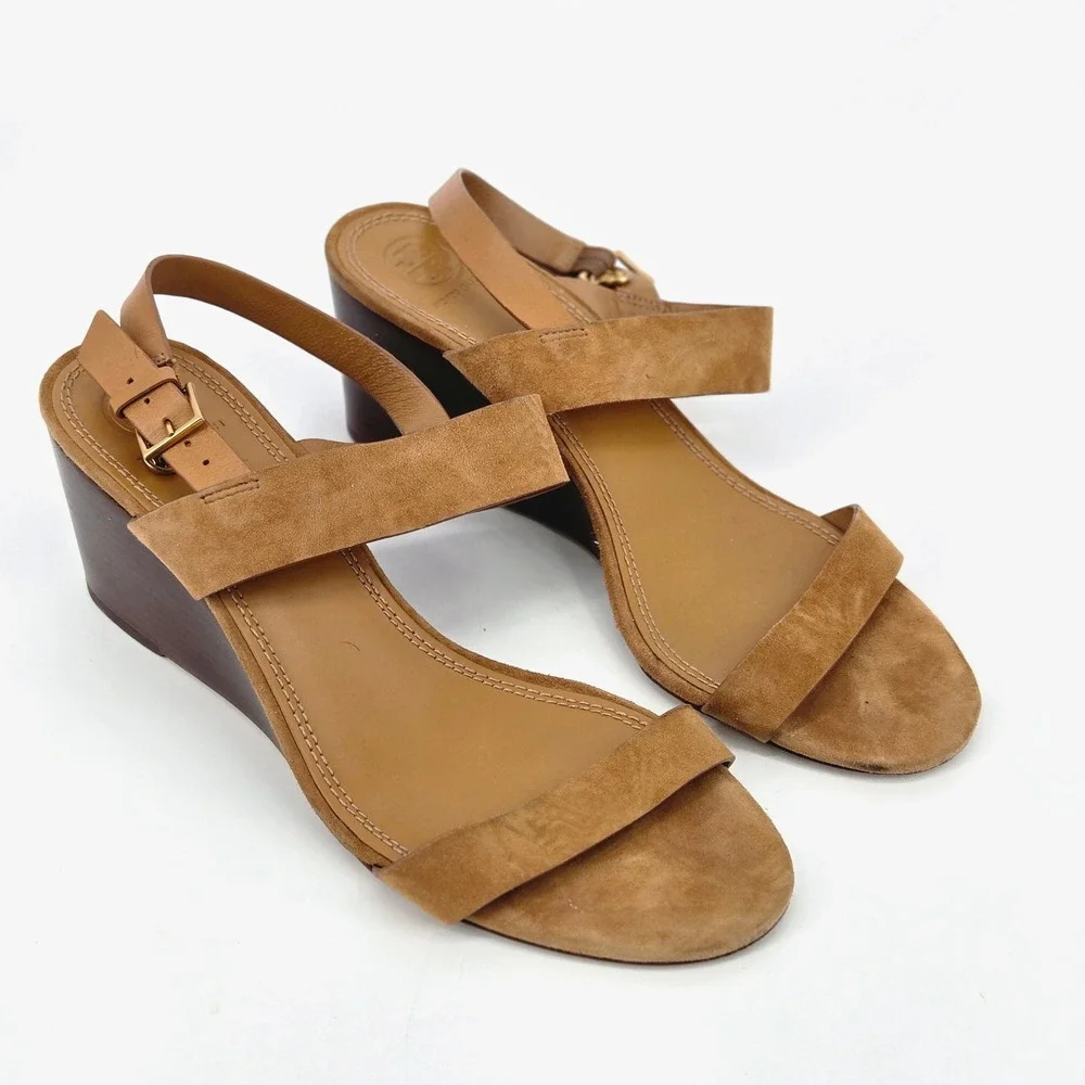 Tory Burch Mini Benton 65mm Wedge Sandal Kid Suede Amaretto Brown Women Size 10M